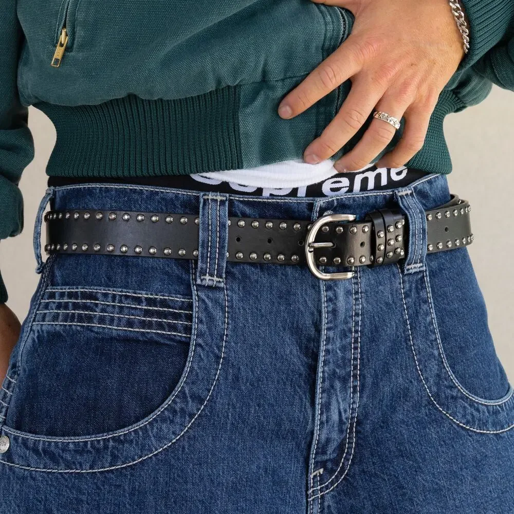 Vintage Black Studded Leather Belt Triple Row Silver Studs Y2K Streetwear Unisex